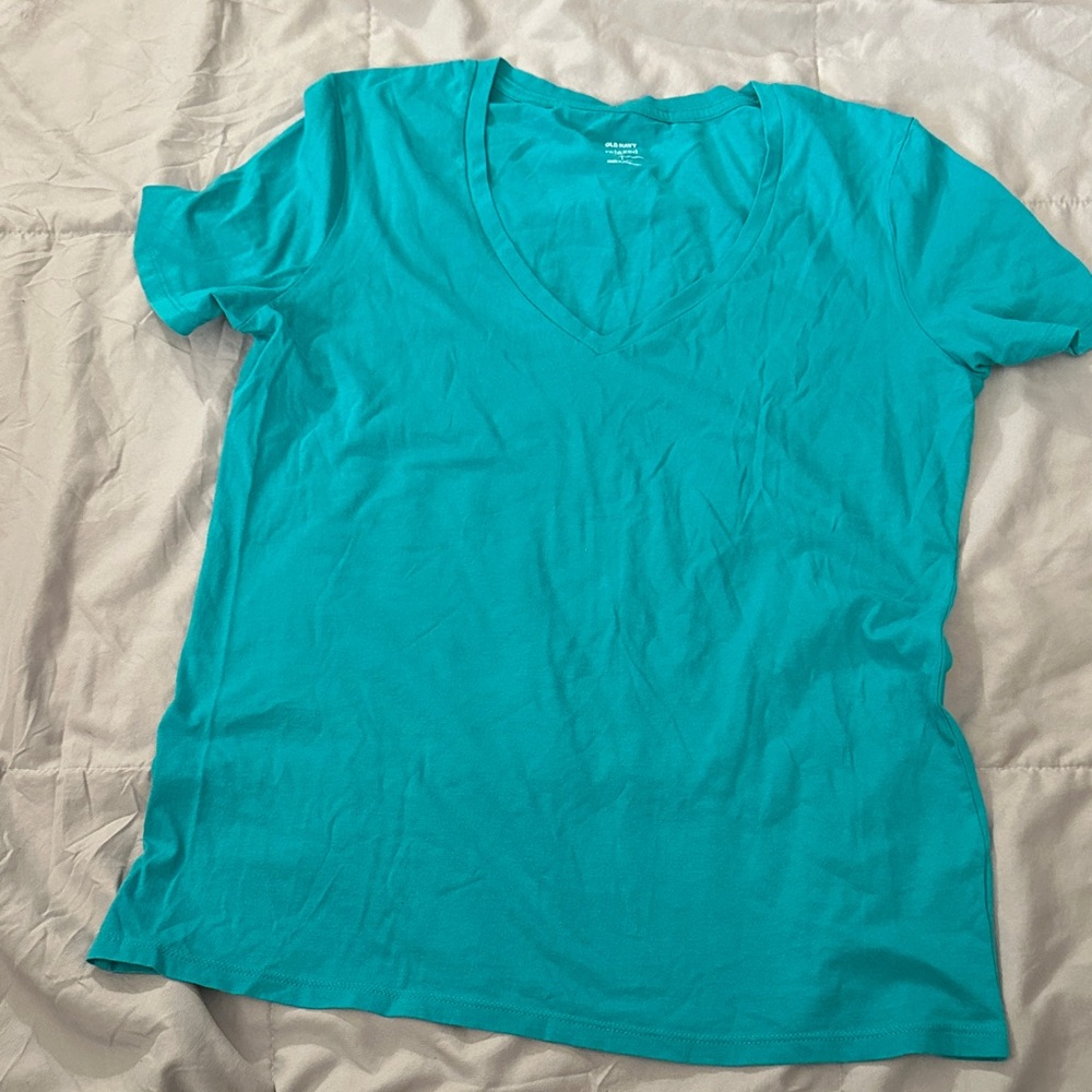 Old Navy Women's Turquoise and white  V-Neck Tee
